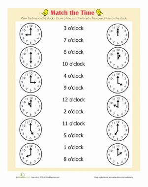 Connections. CC: 1.MD.3. This is an activity sheet on which students match analog time to it's written counterpart. This is best for use with students at the representational level with this concept. You will need the activity sheet and pencils. Math Clock, Clock Worksheets, First Grade Math Worksheets, Telling Time Worksheets, Time To The Hour, First Grade Worksheets, Time Worksheets, Teaching Time, Math Time