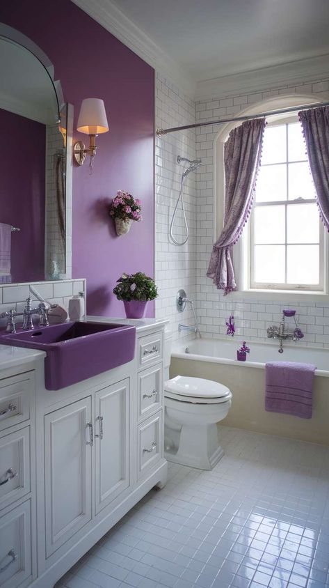 Imvu Accessories, Bathroom Purple, Girly Bathroom Ideas, Purple Bathroom, Girly Bathroom, Purple Bathrooms, Bathroom Windows, Bathroom Inspiration, Bathroom Ideas