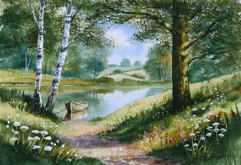 Watercolor Paintings Nature, Summer Painting, Boat Art, Landscape Art Painting, Landscape Pictures, Landscape Drawings, Art Appreciation, Nature Paintings, Artist Painting