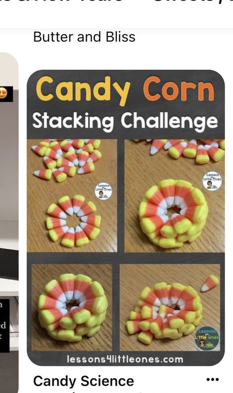 Crafts Using Candy Corn, 2nd Grade Halloween Science Experiments, Fall Stem Kindergarten, Candy Corn Bottle Flip, Halloween Candy Activities, Crafts With Candy Corn, Stem Activities Special Education, Candy Corn Stacking Challenge, Candy Corn Catapult