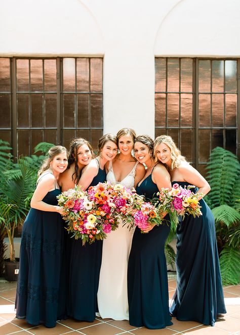 Navy Bridesmaid Dress Colorful Flowers, Navy And Colorful Wedding, Blue And Pink Summer Wedding, Navy Wedding Bridesmaid Dresses, Mixed Navy Bridesmaid Dresses, Bridesmaid Dresses With Bright Flowers, Navy Blue Summer Wedding, Navy Blue Fall Wedding, Navy Blue Wedding Party