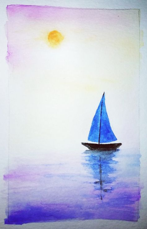 Watercolor Boat Painting Easy, Sailboat Painting Easy, Watercolour Sailboats, Watercolor Sailboat Simple, Easy Watercolor Paintings For Beginners Simple, Sailboat Painting Watercolor, Easy Watercolor Landscape, Easy Watercolor Painting Ideas, Sailboat Watercolor