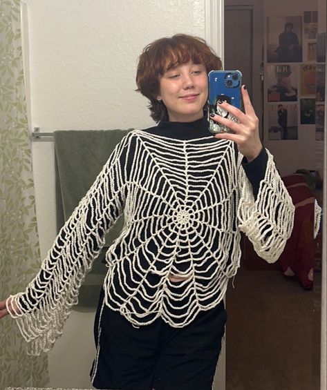 Crochet Hole Sweater, Mesh Sweaters, Spider Web Sweater, Zombie Core, Spider Web Crochet, Crochet Spider Web, Crochet Spider, Corset Fashion Outfits, Mesh Sweater