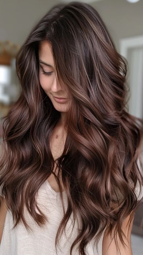 Woman with long, wavy brown hair looking down. Inverted Lob With Layers, Caramel Mocha Balayage, Chocolate Brunette Balayage, Subtle Balayage Brunette Dark, Low Maintenance Brunette, Lob With Layers, Inverted Lob, Subtle Balayage Brunette, Mocha Hair Color