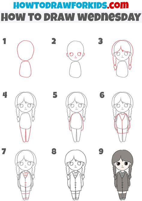 How to Draw Wednesday - Easy Drawing Tutorial For Kids Simple Doll Drawing, How To Draw Wednesday Addams, Beloved Movie, Doll Drawing, Drawing Tutorials For Kids, Coloring Supplies, Muted Color Palette, Drawing Tutorial Easy, Pencil And Paper