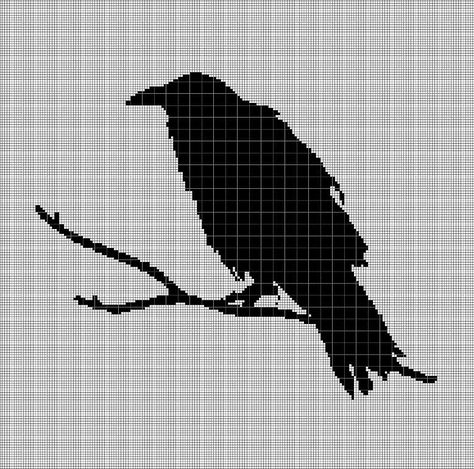 Raven Knitting Pattern, Knit Tapestry, Simple Chart, Finished Cross Stitch, Graph Crochet, Crow Bird, Tapestry Blanket, Pixel Pattern, Cross Stitch Borders