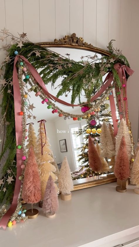 All posts • Instagram Anthropologie Christmas Aesthetic, Tacky Christmas Decorations, Maximalist Christmas Tree, Garland On Mirror, Christmas Banister Decorations, Christmas Mirror Decorations Ideas, Christmas Mirrors, Vintage Colorful Christmas, Colorful Christmas Aesthetic