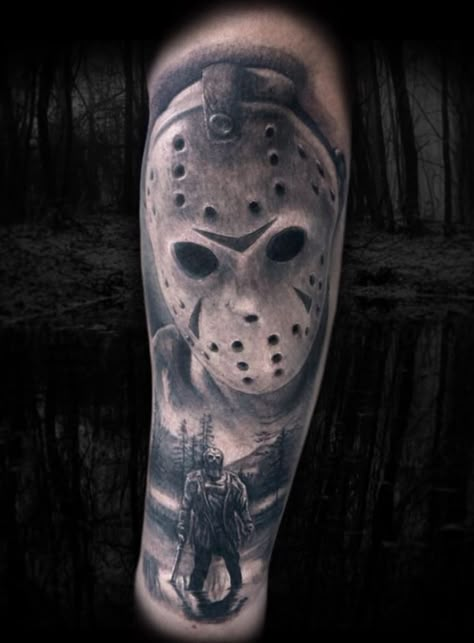 Movie Tattoos | InkStyleMag Jason Vorhees Tattoo, Jason Voorhees Tattoo, Jason Tattoo, Tattoo Nightmares, Horror Movie Tattoos, Lower Leg Tattoos, Half Sleeve Tattoos Drawings, Movie Tattoo, Tattoo Pictures