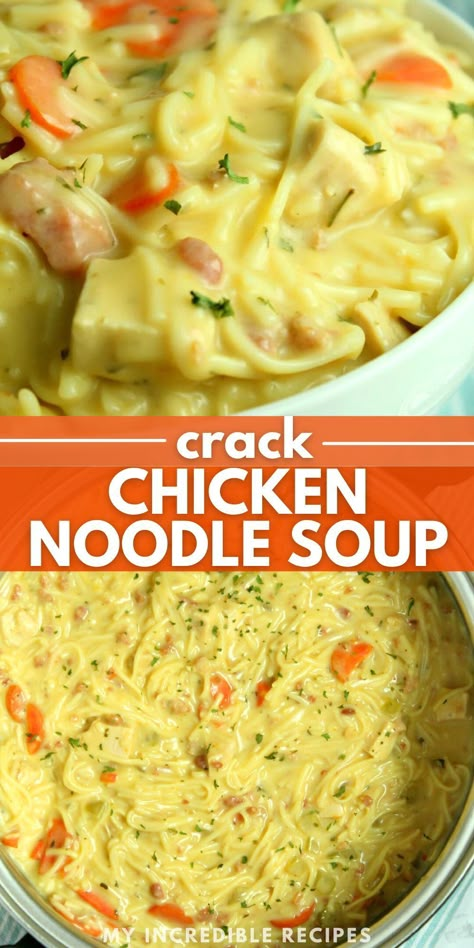 This incredible crack chicken noodle soup is so amazingly easy to make and features crack chicken, carrots, your favorite noodles, and loads of creaminess. This soup is a comforting meal especially when someone's sick. Make a big pot of this for a simple lunch or dinner that's sure to become a family favorite. This amazing crack chicken noodle soup is so easy to make and tastes great. Try it today! Crowd Breakfast, Use Rotisserie Chicken, Recipes Muffins, Cozy Food, Casserole Breakfast, Recipes French, Baked Breakfast, Muffins Breakfast, Recipes Shrimp