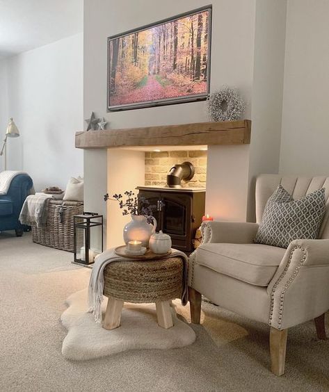 Armchairs Fireplace, Long Lounge Layout Ideas, Corner Log Burner, Kitchen Snug, Country Cottage Living Room, Log Burner Living Room, Country Cottage Living, Cosy Fireplace, Hanging In There