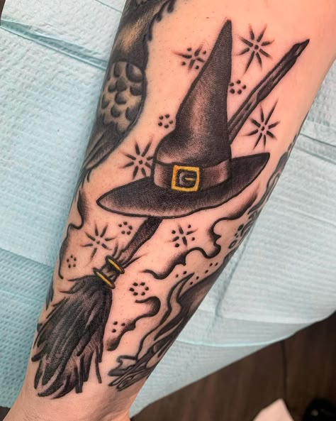 Traditional Broom Tattoo, Cottage Witch Tattoo, Witch Hat And Broom Tattoo, Witch On Broom Tattoo, American Traditional Witch Tattoo, Traditional Witchy Tattoos, Witch Tattoo Traditional, Couldren Tattoo, Witches Broom Tattoo