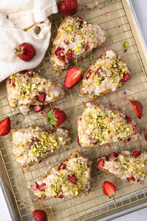 Loaded with strawberries and pistachios and bursting with lemon-y notes, these scones are a delightful treat to kick off summer and strawberry season! Strawberry Pistachio Cake, Strawberry Baked Goods, Summer Scones, Summer Pastries, Summer Baked Goods, Pistachio Scones, Swamp Wedding, Strawberry Pastries, Summer Desserts Healthy