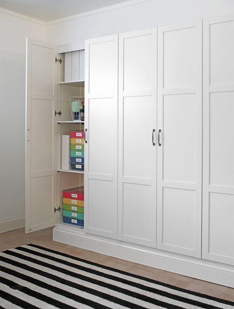 DIY Built-In Storage Cabinet Wall Floor To Ceiling Cabinets Hallway, Sewing Room Cabinets Built Ins, Office Storage Cabinets Design, Building A Storage Closet, Building Laundry Room Cabinets, Ikea Craft Storage Storage Cabinets, Built In Cabinet Storage, Wall To Wall Cabinets Built Ins Storage, Laundry Room Storage Wall