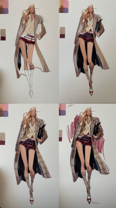 Plaid trench coat illustrated by Marina Sidneva Fashion Illustration Shoes, Fashion Illustration Portfolio, Fashion Dream Job, Fashion Figure Drawing, Fashion Illustration Watercolor, Fashion Illustrations Techniques, Fashion Drawing Sketches, Fashion Drawing Tutorial, Fashion Illustration Sketches Dresses