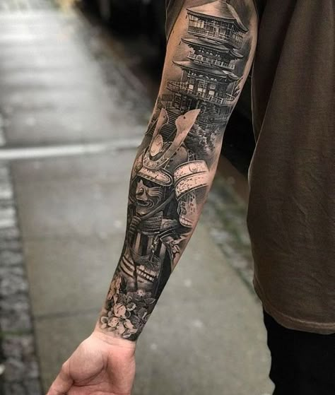 Chinese Sleeve Tattoos, Yakuza Style Tattoo, Japanese Temple Tattoo, Samurai Tattoo Sleeve, Warrior Tattoo Sleeve, Guerriero Samurai, Temple Tattoo, Samurai Tattoo Design, Yakuza Tattoo