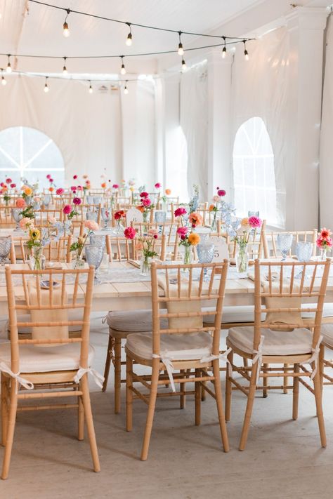 bud vases are such a fun way to incorporate flowers into your reception space! summery pinks, peaches, oranges, and soft whites Bright Bud Vases, Spring Wedding Bud Vases, Pastel Bud Vases Wedding, Wildflower Bud Vases Wedding, Colorful Bud Vases Wedding, Circle Table Centerpiece Wedding, Wildflower Bud Vases, Circle Wedding Table Decor, Bud Vases Wedding Centerpiece