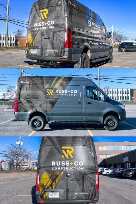 Vehicle wrap and lettering on a full-size van 2023 Mercedes-Benz Sprinter High Roof for the construction company Russ+Co. Van Wrap Design, Vehicle Branding, Work Van, 2023 Mercedes, Van Wrap, Vehicle Wrap, Vehicle Wraps, Van Design, Benz Sprinter