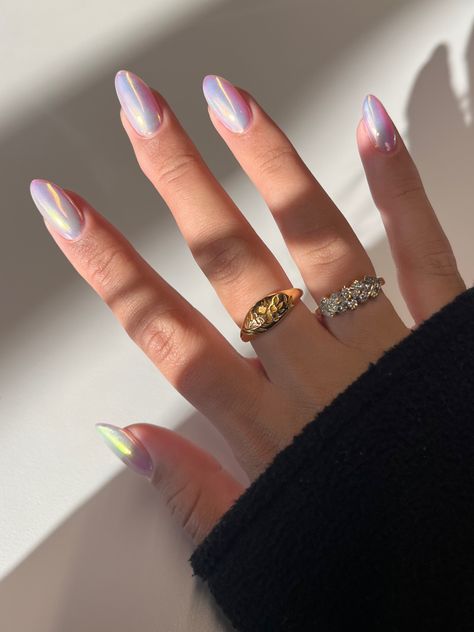 Iridescent Almond Shaped Nails, Medium Chrome Nails, Chrome Builder Gel Nails, Iridescent Gel Nails, Chrome Iridescent Nails, Builder In A Bottle Nails, Irredescent Nails French Tip, Irridecent Design Nails, Iridescent Chrome Nails