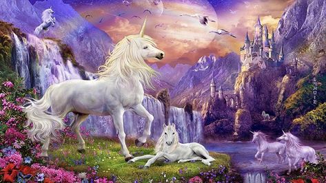 Fantasy Wallpaper Hd Unicorns Horse Castles Waterfalls, Mountains ... Unicorn Land, Unicorn Backgrounds, Unicorn Background, Mountains Flowers, Unicornios Wallpaper, Fantasy Wallpaper, Unicorn And Fairies, Pegasus Unicorn, Magical Horses