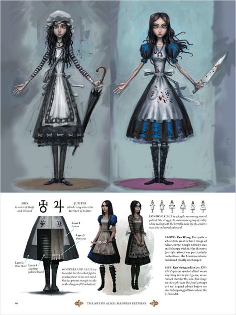 Concept Art and Illustration from The Art of Alice: Madness Returns. Nice notes on the clothing details. Ken Wong, American Mcgee’s Alice, Dark Alice In Wonderland, Wonderland Artwork, Alice In Wonderland Aesthetic, Alice Liddell, Alice Madness Returns, Concept Art World, Alice Madness