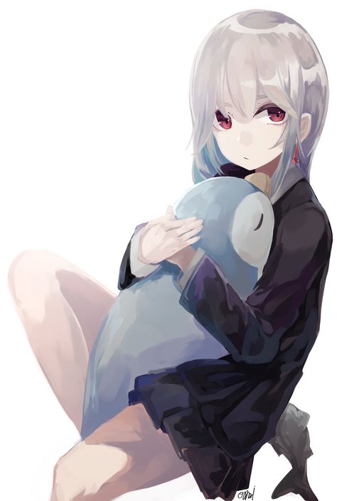 Hugging Plushie, Plushie Drawing, Character With White Hair, Gothic Anime, Anime Oc, Red Eyes, Art Anime, Anime Kawaii, Anime Artwork