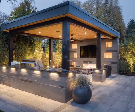 Toronto Landscape, Fireplace Lounge, Recess Lighting, Covered Patio Ideas, Outdoor Kitchen Design Modern, Modern Gazebo, Modern Patio Design, Outdoor Cabana, Hanging String Lights