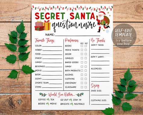 "Secret Santa Questionnaire Editable Template ➡️ MATCHING Items here: www.etsy.com/shop/PuffPaperCo/items?search_query=secretsanta THIS IS A TEMPLATE WHICH YOU CAN EDIT ON YOUR BROWSER- NO PHYSICAL PRODUCT WILL BE SHIPPED ❤️ EDITABLE TEMPLATE  - 8.5x11\" - Edit immediately right from your browser - Personalize most text, fonts, & colors - Change size, placement, or delete elements completely - Upload your own logo or image ------------------------------------ ⭐️➡️ TRY THIS TEMPLATE BEFORE BUYING Secret Santa Wishlist Template, Christmas Secret Santa List, Secret Santa Craft Ideas, Work Secret Santa Questions, Secret Santa Wish List, Gift Exchange Form, Secret Santa Templates, Work Morale, Secret Santa Form