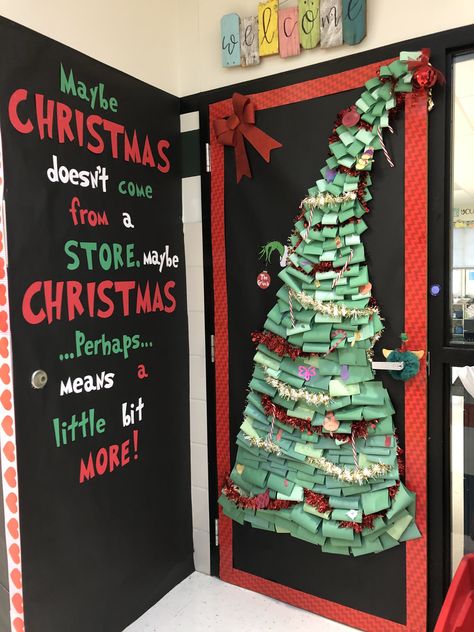 Grinch Tree Door Decorations, Grinch Themed Christmas Classroom Door, Grinch Christmas School Door, Christmas Tree Door, Grinch Classroom Door Ideas, How The Grinch Stole Christmas Bulletin Board, Whoville Classroom Door, Christmas Tree On Door Classroom, Grinch Classroom Door