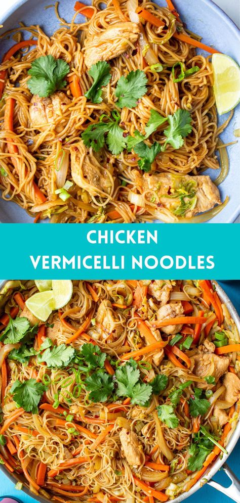 Looking for easy Chinese recipe ideas? This chicken Vermicelli noodle recipe is bursting with flavour. It takes less than 30 minutes to prepare, making it perfect for a weeknight dinner or make ahead freezer friendly meal. Gluten Free Vermicelli Recipes, Chicken Vermicelli Salad, Vermicelli Recipes Healthy, Chicken And Vermicelli Noodles, Vermicelli Chicken Recipes, Vermecilli Rice Noodles Recipes, Recipes With Vermicelli Rice Noodles, Vercemelli Noodles Recipes, Vermicelli Noodles Recipes Soup