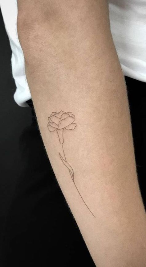 Carnations Flower Tattoo, Fine Line Tattoo Carnation, Carnation Tattoo Ankle, Minimal Carnation Tattoo, One Line Carnation Tattoo, Fineline Carnation Tattoo, Red Carnations Tattoo, Simple Carnation Tattoo Outline, Single Carnation Tattoo