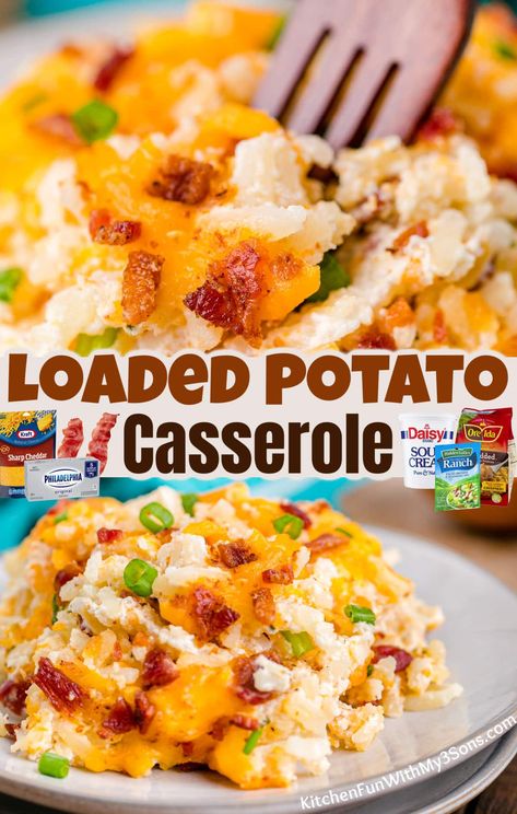 Loaded Potato Casserole is creamy and savory using shredded potatoes loaded with seasonings, cheddar cheese, bacon, cream cheese, and sour cream. Loaded Cheesy Potato Casserole, Loaded Shredded Potato Casserole, Loaded Potatoes Casserole, Potato Casserole With Cream Cheese, Southern Living Deep Dish Loaded Hashbrown Casserole, Shredded Potatoes Recipes, Sour Cream Potatoes Bake, Potato Bacon Cheese Casserole, Cheesey Potatoes Casserole Shredded