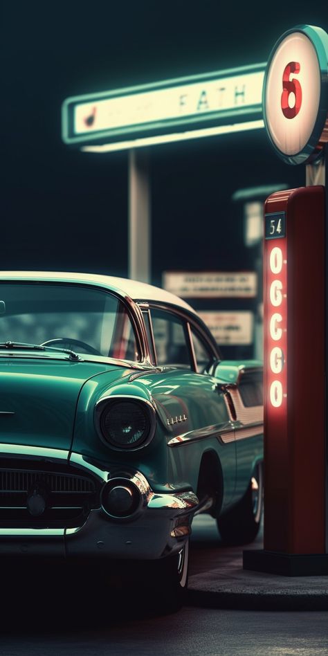 Vintage Car Wash Aesthetic, 1950s Gas Station, Old Car Paintings, Old Cars Vintage 1950s, Gas Station Wallpaper, Night Car Photography, Cars Vintage Wallpaper, Old Car Wallpaper, Old Cars Vintage Aesthetic