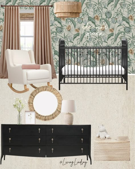 Black Dresser Nursery Girl, Nursery With Black Dresser, Black Dresser In Nursery, Black Dresser Nursery, Nursery Black Dresser, Black Crib Nursery Girl, Girl Nursery Black Crib, Nursery Black Furniture, Nursery Black Crib