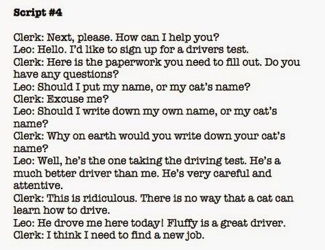 Use short, funny scripts to help readers summarize dialogue Short Acting Scripts, Short Scripts To Practice Acting, One Act Play Script, Scripts To Practice Acting, Acting Dialogue, Acting Manifestation, Dialogue Script, Role Play Scripts, Short Drama Script