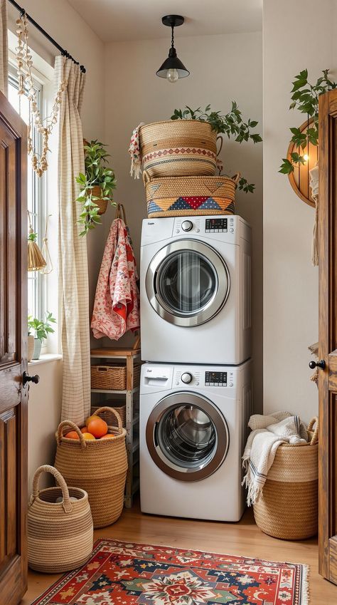 Stacked Laundry Room Ideas Stacked Laundry Room Ideas, Boho Laundry Room, Laundry Corner, Boho Laundry, Stacked Laundry, Laundry Station, Stacked Laundry Room, Laundry Nook, Hidden Laundry