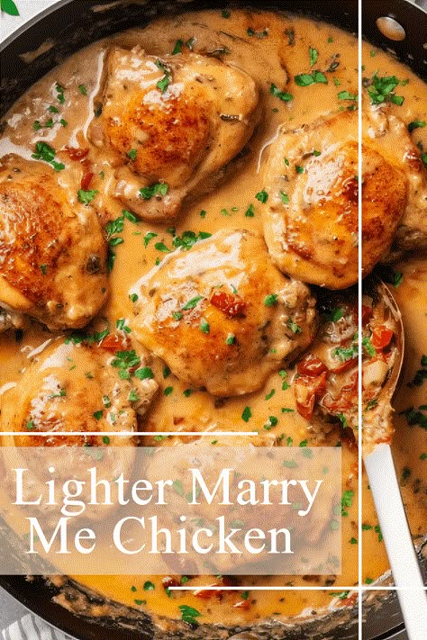 Indulge in the mouth-watering flavor of Lighter Marry Me Chicken thighs made healthier with the use of light cream cheese. #MarryMeChicken #HealthyChickenThighs #LightCreamCheese #SunDriedTomatoes #ParmesanCheese #GarlicChicken #RedPepperFlakes #HealthyDinnerIdeas #LowCalorieRecipes #EasyChickenRecipes #HealthyMealPlanning #HealthyEating #LowFatRecipes #LowCarbRecipes #HealthyItalianFood #HealthyComfortFood #QuickAndEasyRecipes #30MinuteMeals #WeeknightDinners #HealthyFamilyMeals Chick Thigh Recipes, Marry Me Chicken Thighs, Paprika Chicken Thighs, Chicken Thighs In Oven, Chicken Thigh Recipes Healthy, Healthy Chicken Thigh Recipes, Chicken Thighs Dinner, Healthy Italian Recipes, Marry Me Chicken Recipe