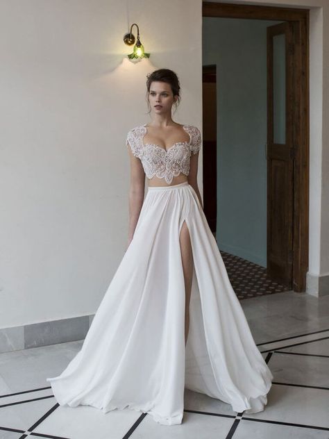 Possibly the Most Epic Selection of Two Piece Wedding Dress Bridal Separates Ever! Style, support and seduction combine in this 2 piece bridal gown by Riki Dalal to create the perfect pairing of beaded sparkle on top, with soft, flowing tulle below. 2 Piece Wedding Dress, Crop Top Wedding Dress, Two Piece Wedding Dress, Prom Dresses 2016, Bridal Separates, Sequin Prom Dress, Boho Lace, Cool Ideas, Chiffon Lace