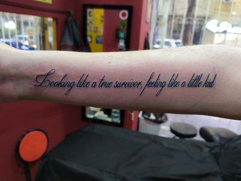 "looking like a true survivor, feeling like a little kid" The best line from the best song by Elton John TATTOO Elton John Lyric Tattoo, Elton John Tattoo Ideas Lyrics, Elton John Tattoo Ideas, Elton John Tattoo, John Tattoo, Elton John Lyrics, Tat Inspiration, Lyric Tattoos, Best Song