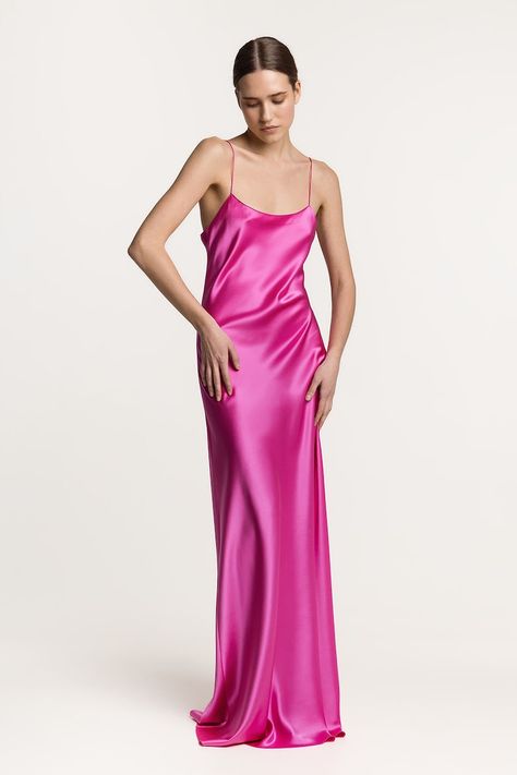 TheSerenityWear vibrant fuchsia maxi silk satin dress with scoop neck Olivia Parker, Long Silk Dress, Pink Satin Dress, Silk Clothing, Silk Satin Dress, Fuchsia Dress, Silk Outfit, Silk Dress Long, Clothes Wishlist