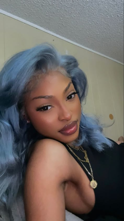 Blue hair for black girls Most Unique Hair Colors, Ginger And Blue Hair Black Women, Navy Blue Hair Color On Black Women, Dyed Hair For Dark Skin Black Women, Blue Hair Color Black Women, Blue And Grey Hair, Icy Blue Hair Black Women, Layered Blue Hair, Blue Dye On Black Women