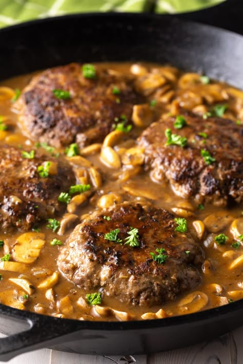 Best Chopped Steak with Mushroom Gravy Recipe #ASpicyPerspective #steak #beef #burgers #gravy #mushrooms #texas Chopped Steak Recipes, Steak Toppings, Steak With Mushroom Gravy, Melting Pot Recipes, Beef Patties Recipes, How To Make Steak, Vegan Mushroom Stroganoff, Mushroom Gravy Recipe, Chopped Steak