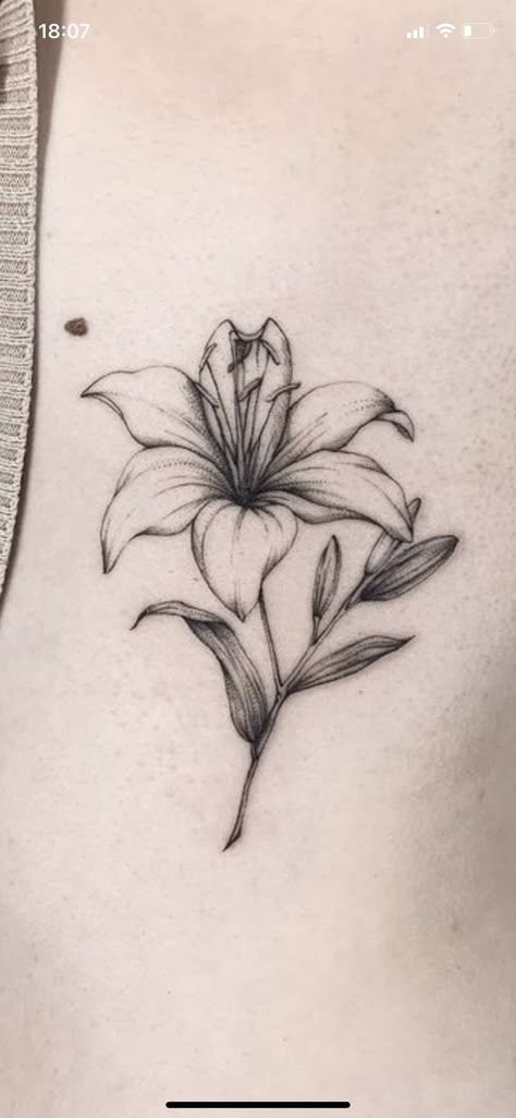 Wood Lily Tattoo, Single Lily Tattoo, Giraffe Tattoo With Flowers, Japanese Peace Lily, Tigerlily Tattoo, Tiger Lily Tattoo, Stippling Tattoo, Tiger Lily Tattoos, Flower Flash