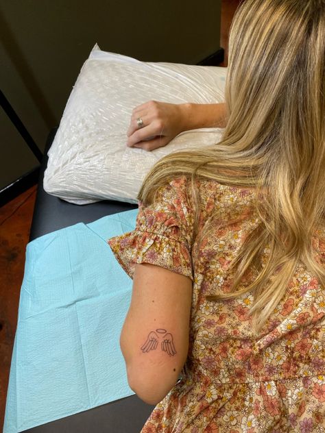 Tattoos For Miscarriages, Miscarried Tattoo, Miscarried Tattoo Ideas, Angel Wing Tattoo, Angel Wings Tattoo, Wing Tattoo, Memorial Tattoos, Forearm Tattoo, Flower Tattoo