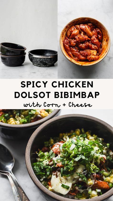 Dolsot Bibimbap is a comforting Korean rice dish served in a hot stone bowl. This Spicy Chicken version -- flavored with gochujang-marinated chicken, kimchi, corn, and cheese -- is especially simple and cozy. The heated bowl keeps everything hot and also creates a layer of crispy rice on the bottom. A surprisingly easy meal that can be put together quickly! Chicken Bibimbap, Chicken Kimchi, Dolsot Bibimbap, Corn And Cheese, Easy Marinades, Asian Dinners, Korean Rice, Fusion Dishes, Crispy Rice