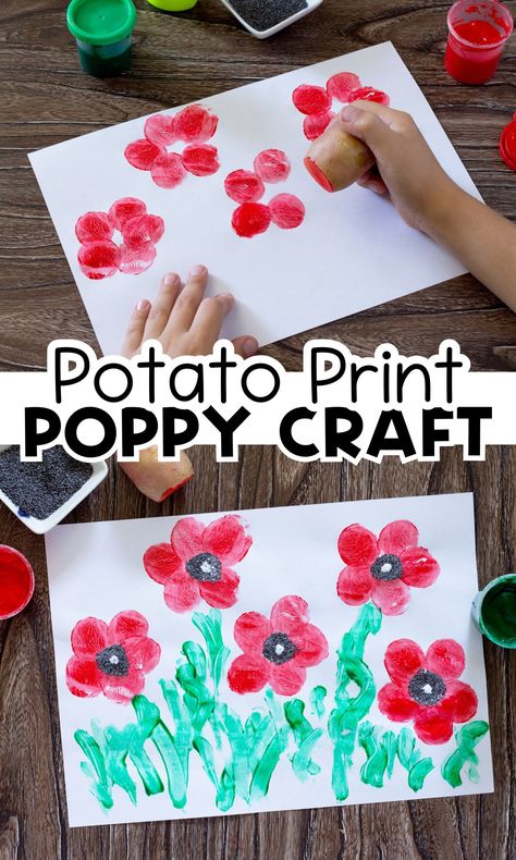 Memorial Day Poppies, Poppy Craft For Kids, Veterans Day Poppy, Remembrance Day Activities, Remembrance Day Art, Veterans Day Activities, Poppy Craft, Snow Globe Crafts, Potato Print