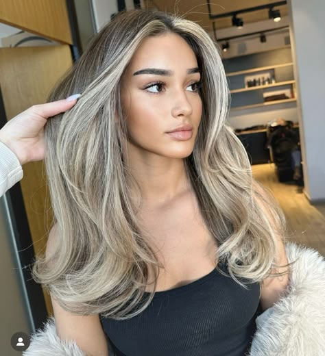 Very Blonde Highlights On Brown Hair, Full Foil Balayage, Blonde Hair Dark Brown Eyes, Brown Ashy Highlights, Ash Blonde Balayage On Dark Hair With Money Piece, Ashy Honey Blonde Hair, Ash Blonde Full Head Highlights, Dimensional Blonde On Dark Hair, Grey Tone Hair