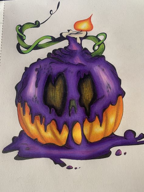 hand-drawn art drawing with Prisma colors pumpkin with purple goo and candle. Spooky Pumpkin Drawing, Candle Art Drawing, Pumpkin Oil, Pumpkin Tattoo, Candle Drawing, Pumpkin Drawing, Purple Pumpkin, Halloween Rocks, Oil Pastel Drawings