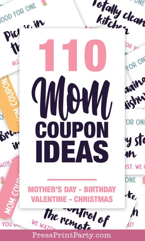 110 Mother's Day Coupons for Mom Ideas - Press Print Party! Coupon Book Ideas For Mom, Mother’s Day Coupon Book Diy, Mom Coupon Book Ideas Mother's Day, Diy Coupons For Mom, Birthday Coupons For Mom, How To Make A Coupon Book Diy, Diy Coupon Book For Mom, Mom Coupon Book Ideas, Coupon Ideas For Mom