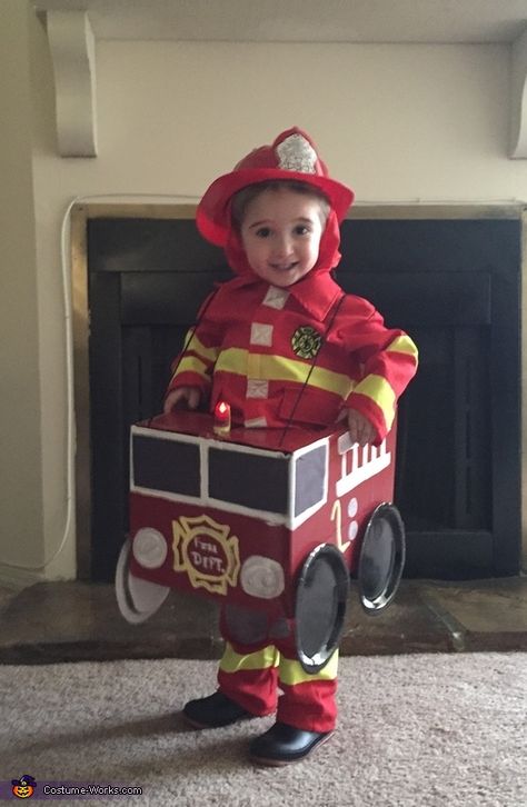 Taylor: Layden is wearing his fireman costume & handmade firetruck. He loves fire trucks and that's what he wanted to be for Halloween. Homemade Costumes For Kids, Fireman Costume, Fireman Party, Firefighter Costume, Diy Kostüm, Homemade Costumes, Halloween Costume Contest, Toddler Halloween Costumes, Fire Fighter