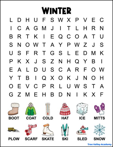 A printable 1st grade winter word search for kids. The easy word search has 12 winter words hidden in a 10 X 12 grid of uppercase large print letters. The winter words to find are: boot, coat, cold, hat, ice, mitts, plow, scarf, skate, ski, sled, and snow. There are small images in color, above each word to find. Winter Craft Second Grade, Winter Worksheets 1st Grade, Winter Wordsearch Free Printable, December Homeschool Ideas, Winter Word Search For Kids, January Word Search, Winter Activity Sheets, Winter Worksheets For Kids, Winter Worksheet